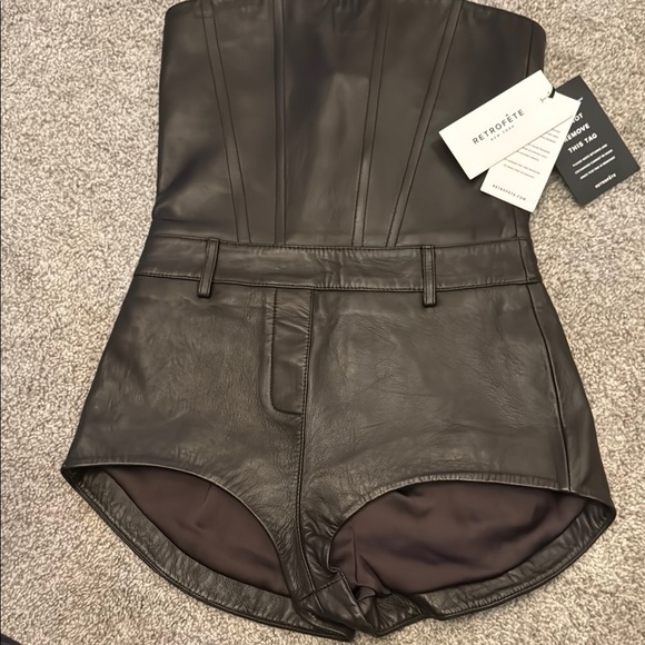 Retrofete Pants - Women’s Retrofete Black Leather Romper High-Waist Shorts 100% real lamb leather